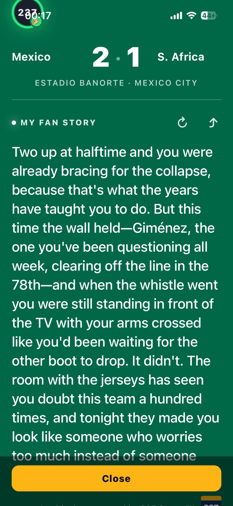Personal Fan Story screen showing a Mexican fan's account of Mexico 2–1 South Africa