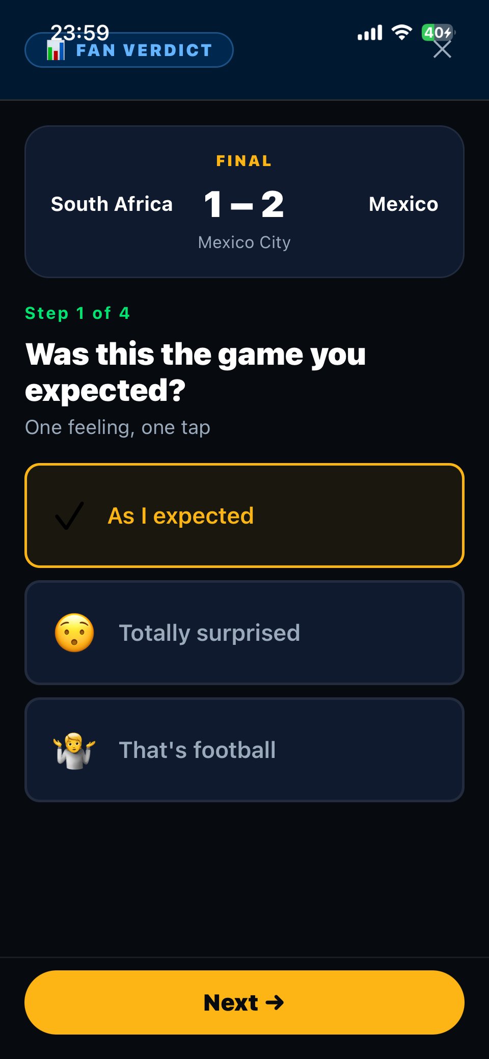 Fan Verdict screen asking 'Was this the game you expected?' with three feeling options