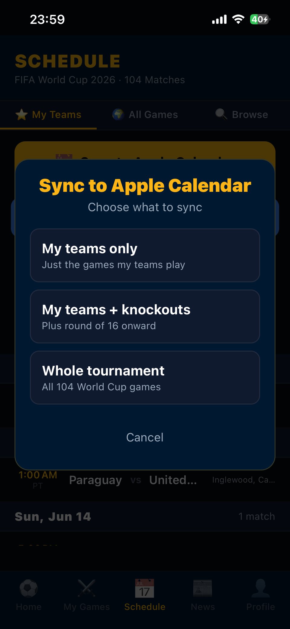 Sync to Apple Calendar modal showing three sync mode choices