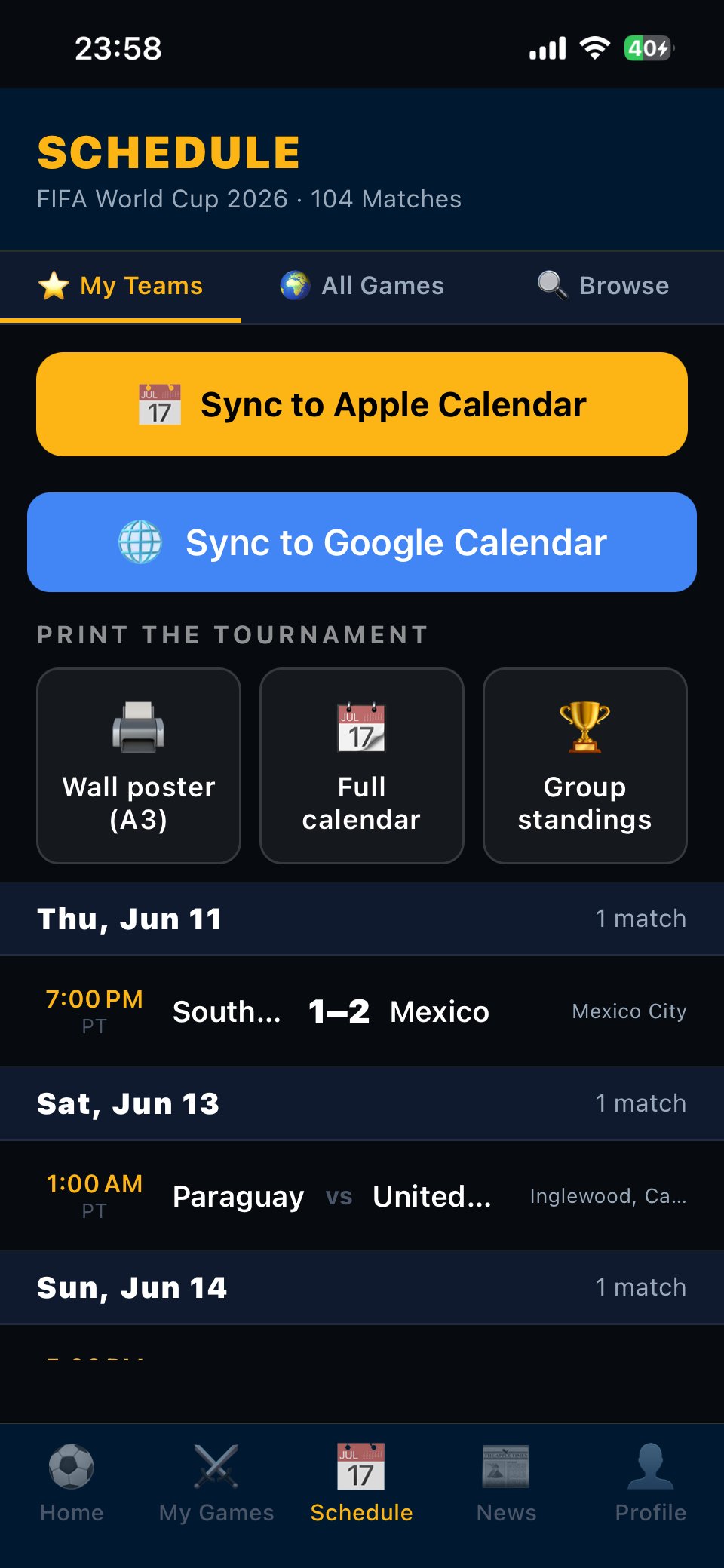 Schedule screen with Sync to Apple and Sync to Google buttons plus printable tournament options