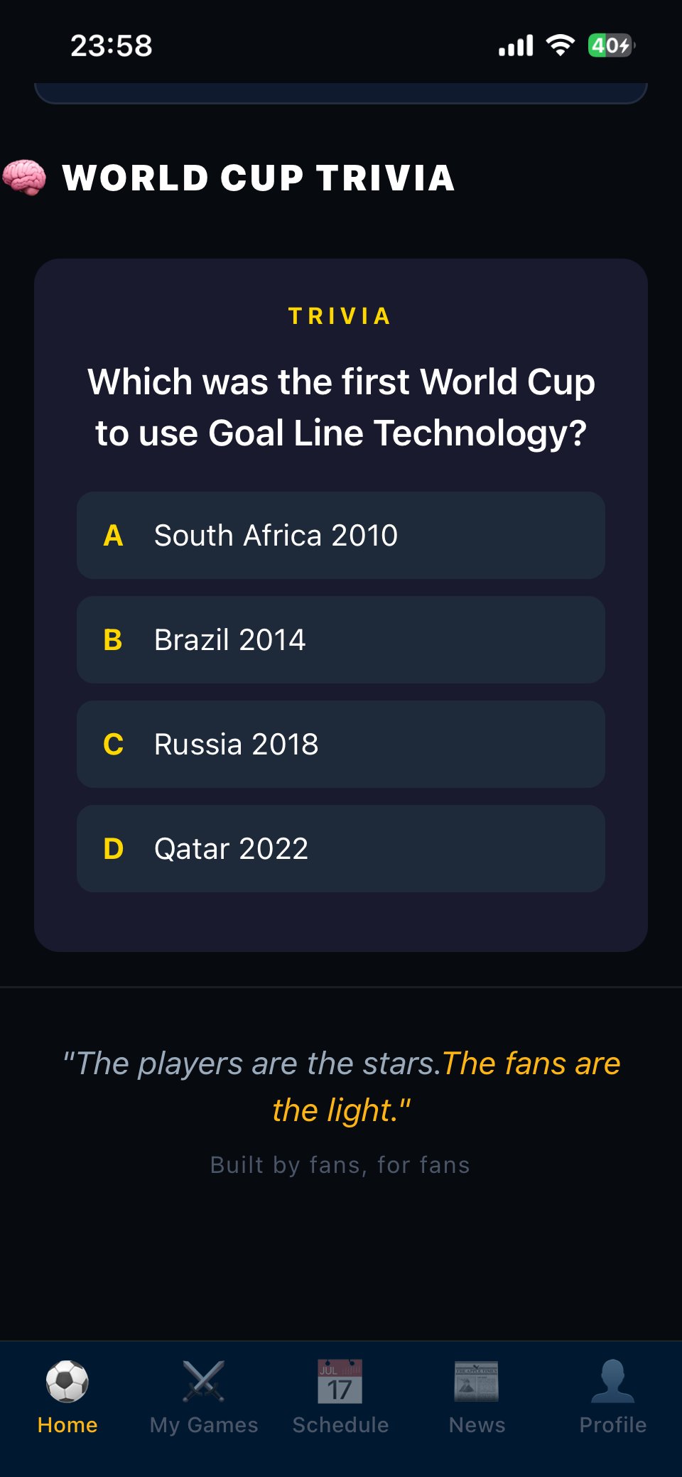 World Cup Trivia screen with a question about Goal-Line Technology
